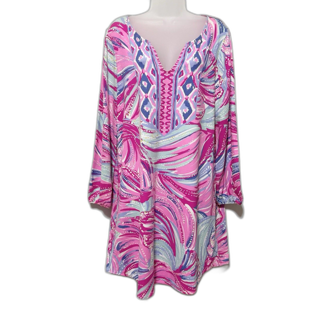 Lilly Pulitzer Tunic Dress Gianna Oh My Guava Pink Long Sleeve V Neck Size L